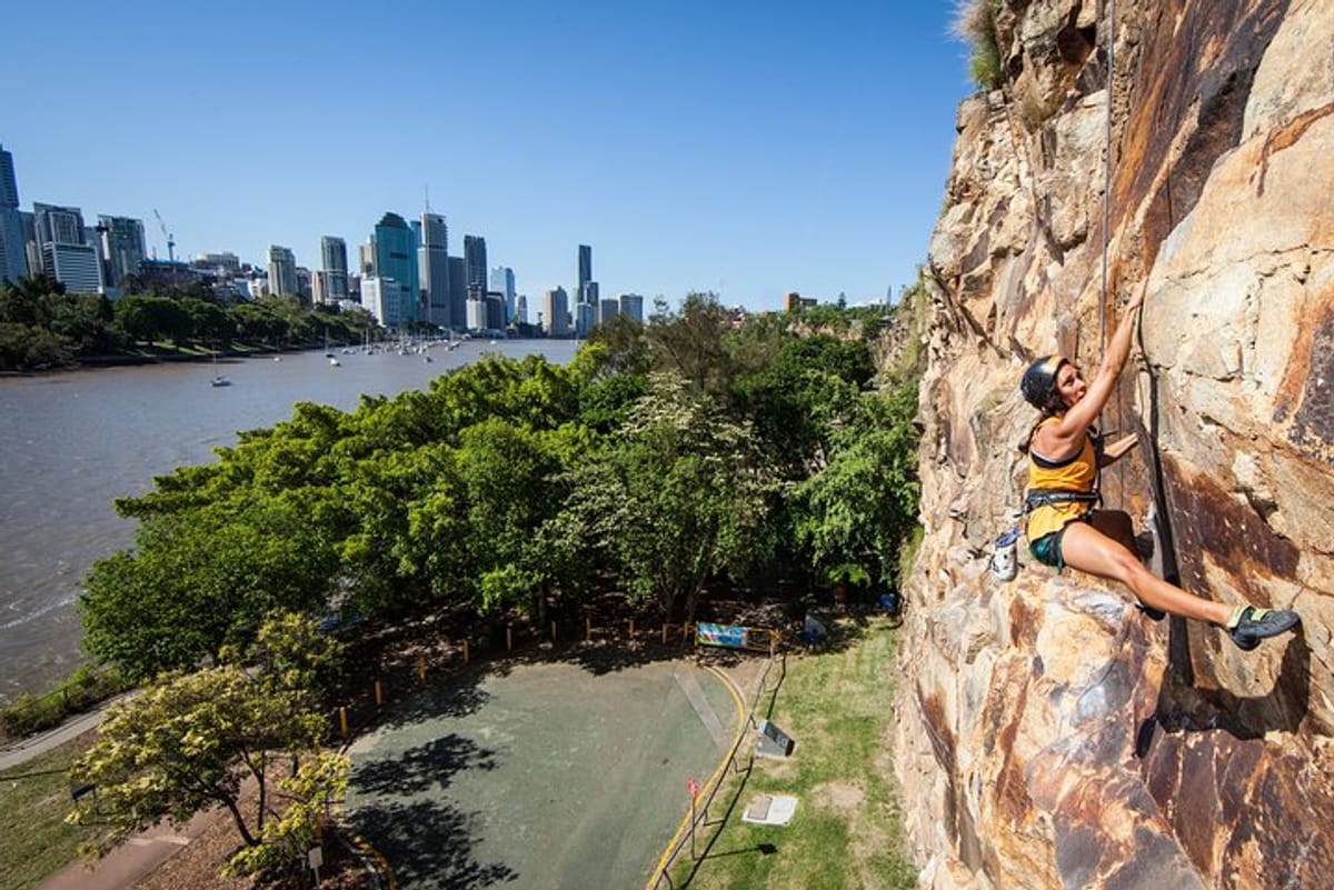 Climbing with Brisbane CBD in the background